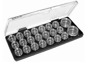 Boîte en plastique noir avec couvercle à charnière transparent, avec 23 boîtes en alu, 260 x 105 x 24 mm