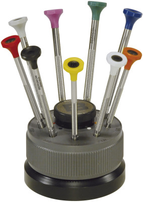 Screwdriver assortment, 9 pieces with steel shaft on revolving base and stainless steel blade