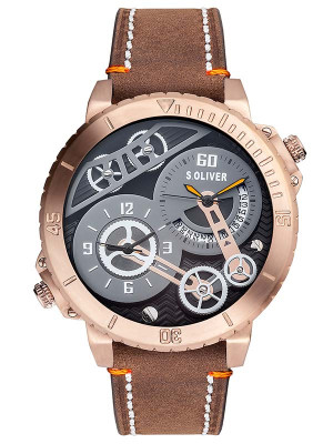 s.Oliver bracelet-montre en cuir véritable brun SO-2949-LQ