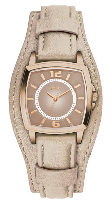 s.Oliver bracelet-montre en cuir véritable beige SO-2906-LQ
