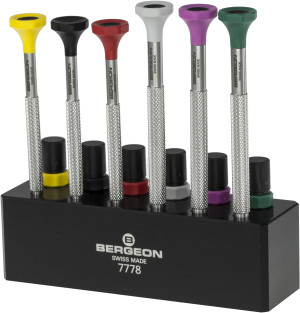 Inox screwdriver set, 6 pieces on plastic base Bergeon