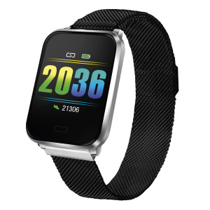 Fitness tracker with black metal strap