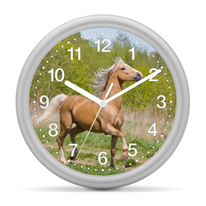 Children's wall clock horse - Horse beige in front of green
