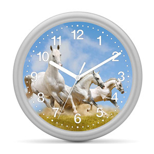 Children's wall clock horse - 3 white horses galloping