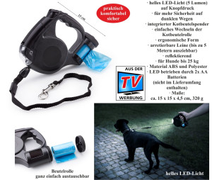 Dog leash with LED light and poop bag dispenser