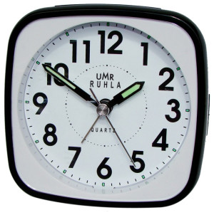 UMR quartz alarm clock, black and white, with a sweeping second and super LED lighting