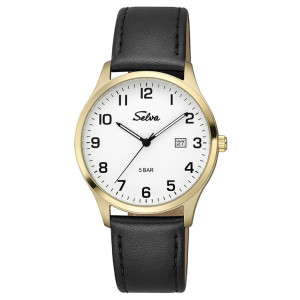 SELVA quartz wristwatch with leather strap White dial, gold-plated case Ø 39mm