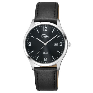 SELVA Quarz-Armbanduhr mit Lederband Zifferblatt schwarz Ø 39mm