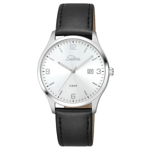 SELVA Quarz-Armbanduhr mit Lederband Zifferblatt silber Ø 39mm
