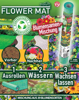 Tapis de graines de fleurs avec 39 variétés de fleurs - il suffit de le dérouler, de l'arroser et de le laisser pousser !