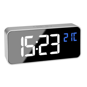Digital quartz alarm clock with 16 alarm tones and integrated rechargeable battery and energy-saving function