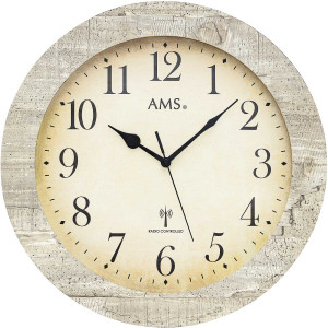 AMS radio wall clock wood/glass white-gray structured