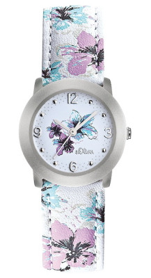 s.Oliver bracelet-montre en cuir blanc avec des fleurs SO-2095-LQ