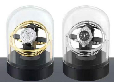 ONE OF THE MOST BEAUTIFUL: 360° watch winder with real glass dome and metal base - silver