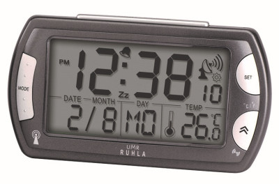 UMR radio controlled alarm clock with large LC display, calendar, temperature and radio signal display, gray