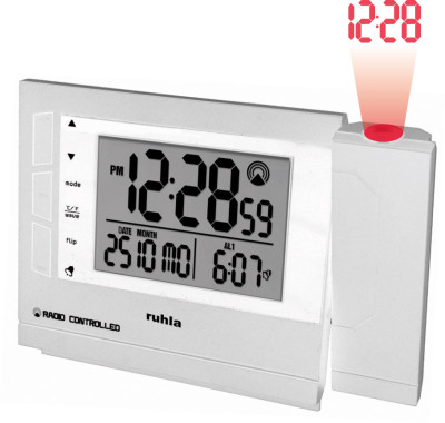 UMR radio projection alarm clock white with 2 alarm times, alarm repeat, dual time, temperature and much more.
