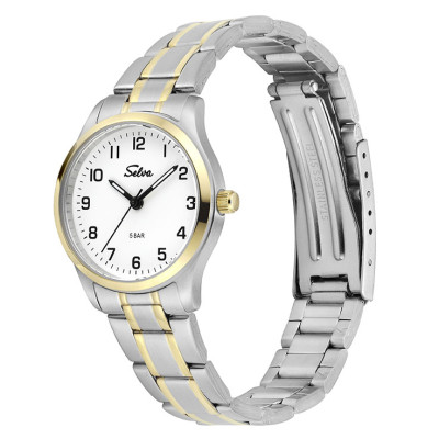 SELVA Quarz-Armbanduhr mit Edelstahlband bicolor, Zifferblatt weiß Ø 27mm