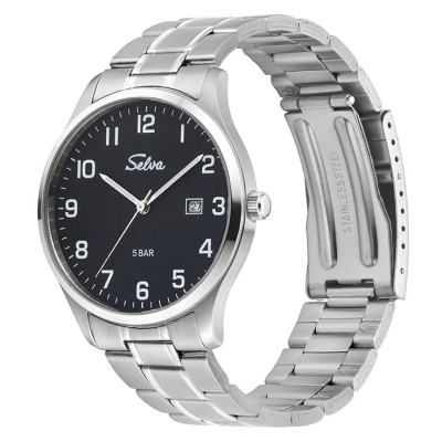 SELVA montre-bracelet à quartz avec bracelet en acier inoxydable cadran noir Ø 39mm