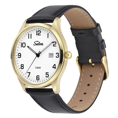 SELVA Quarz-Armbanduhr mit Lederband Zifferblatt weiß, Gehäuse vergoldet Ø 39mm