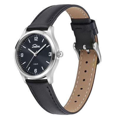 SELVA Quarz-Armbanduhr mit Lederband Zifferblatt schwarz Ø 27mm