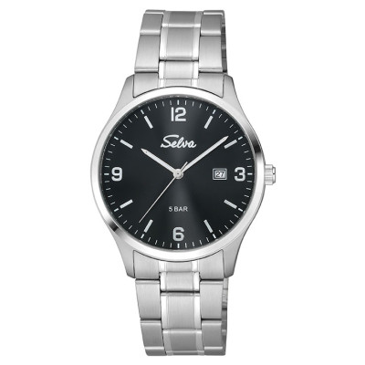 SELVA Quarz-Armbanduhr mit Edelstahlband, Zifferblatt schwarz Ø 39mm