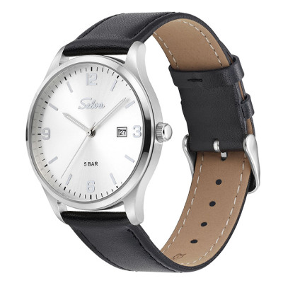 SELVA Quarz-Armbanduhr mit Lederband Zifferblatt silber Ø 39mm